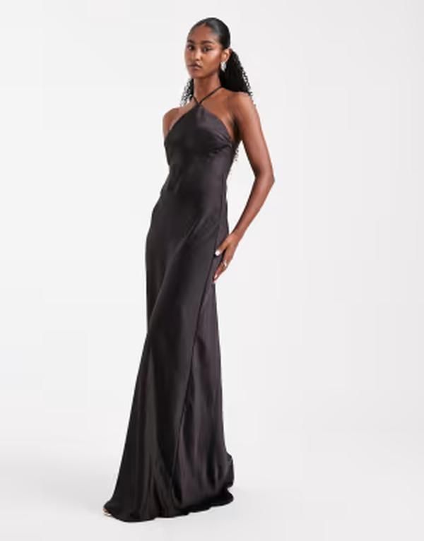 シックスストーリーズ レディース トップス ワンピース サテン マキシ ホルター Six Stories Bridesmaid satin halterneck maxi dress Black ブラ