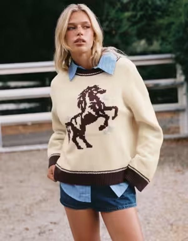 プリンセスポリー レディース アウター ニット・セーター コントラスト グラフィック Princess Polly contrastrim horse graphic sweater in cream