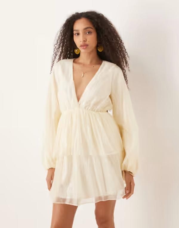 ジーナトリコ レディース トップス ワンピース Vネック ミニ Gina Tricot long sleeve v neck mini dress in butter yellow Pale yell