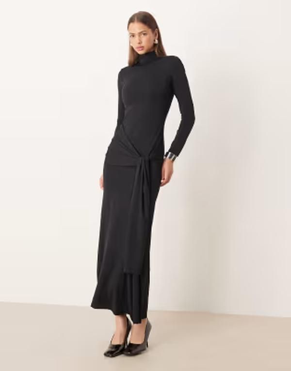 ジーナトリコ レディース トップス ワンピース マキシ Gina Tricot softie front knot long sleeve maxi dress with low back Black