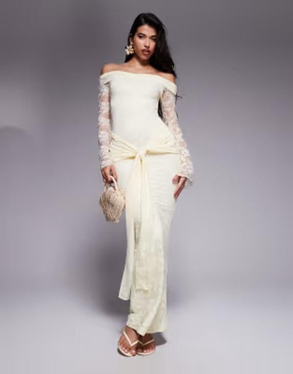 カイア レディース トップス ワンピース ドレープ レース マキシ Kaiia exclusive double laye red slinky lace off the shoulder flare