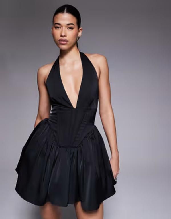 アリアコーブ レディース トップス ワンピース ミニ サテン ホルター Aria Cove satin plunge halterneck corset detail skater mini dres