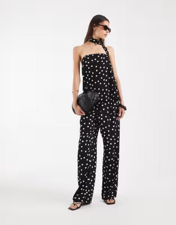 ベロモーダ レディース ボトムス カジュアルパンツ ドット柄 ワイドレッグ ドット プリント Vero Moda Tall woven wide leg pants and white polka d