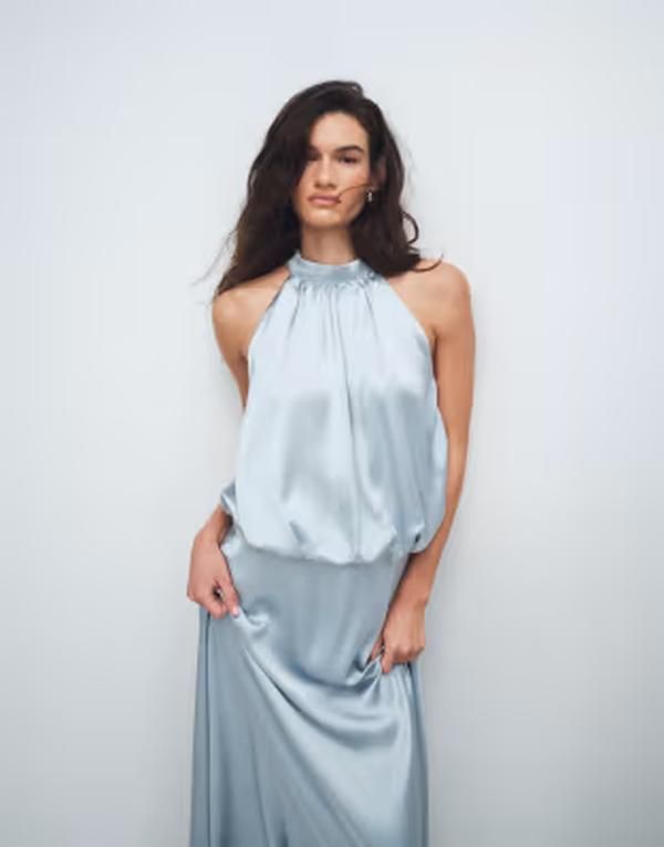 ジーナトリコ レディース トップス ワンピース サテン マキシ ホルター Gina Tricot satin halterneck maxi dress in light blue ブルー