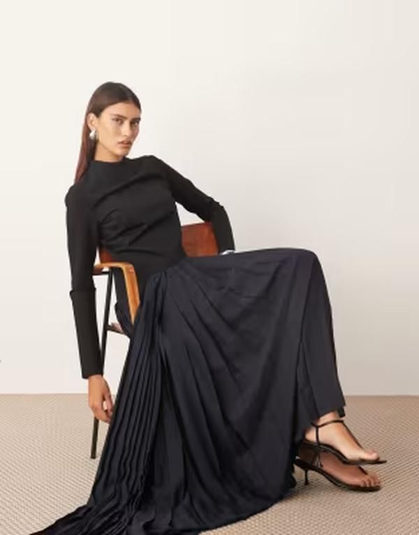 アレンジ レディース トップス ワンピース プリーツスカート プリーツ スカート コントラスト マキシ ARRANGE contrast fabric sculpted maxi dress with