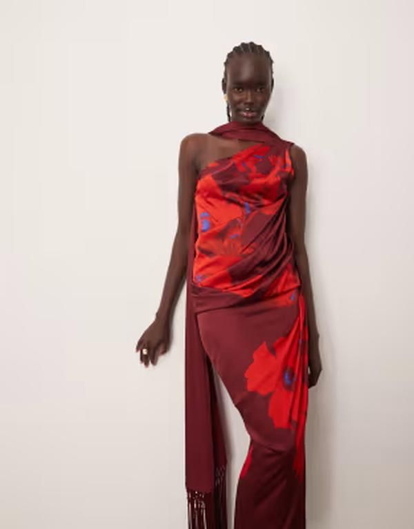 アレンジ レディース トップス ワンピース フラワー柄 ドレープ ミディ フラワー ARRANGE scarf neck draped midi dress with low back in larg