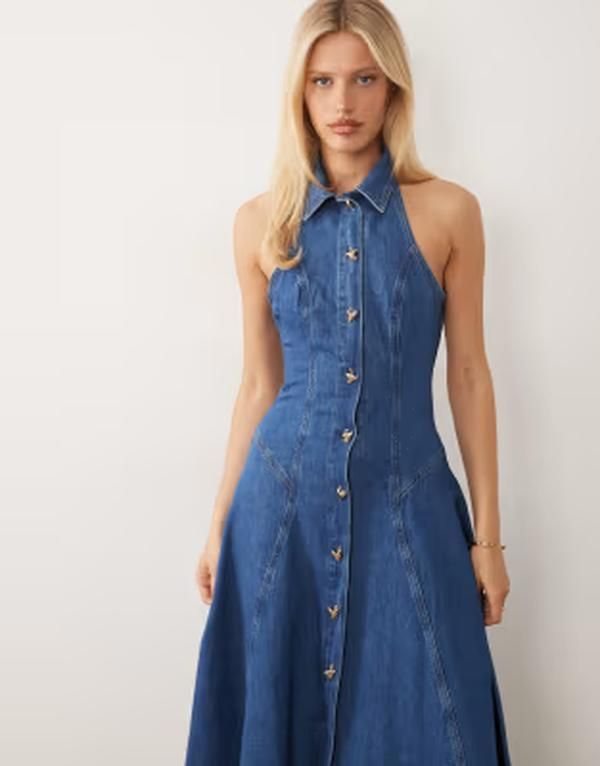 エイソス レディース トップス ワンピース プリーツ ミディ デニム ASOS LUXE denim pleated midi dress witheart buttons in mid wash M