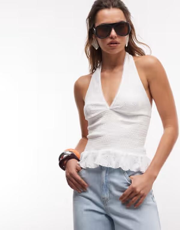 ジーナトリコ レディース トップス Tシャツ ホルター Gina Tricot halterneck broderie anglaise top White ホワイト