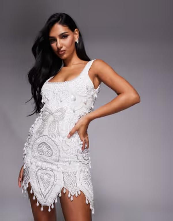 エイソス レディース トップス ワンピース ミニ ASOS LUXE gem encrusted mini dress with pearl embellishment scalloped hem W
