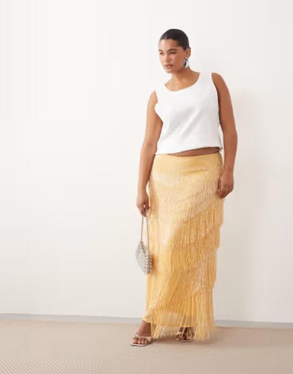 アレンジ レディース ボトムスカート ミディ フリンジ ARRANGE Curve beaded fringe column midi skirt in yellow イエロー 48,480円