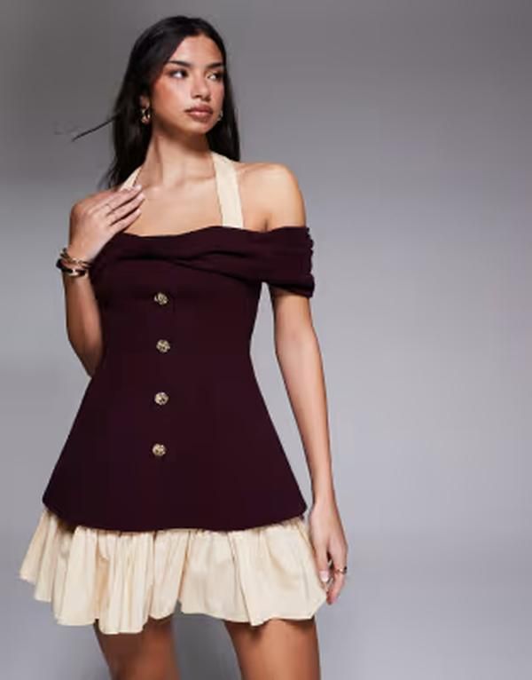 エイソス レディース トップス ワンピース ボタンダウン ミニ ダウン ホルター ASOS LUXE button down mini dress withalterneck detail Burgu