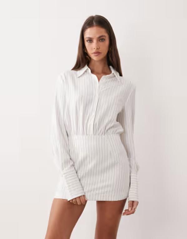アリアコーブ レディース トップス ワンピース ミニ シャツ Aria Cove fittedeep cuff mini shirt dress pinstripe White Pinstripe ホ