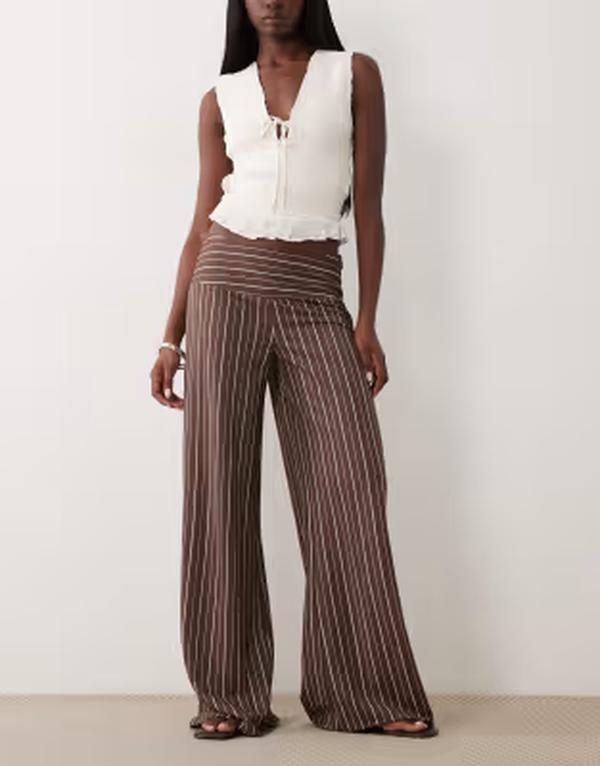 ジーナトリコ レディース ボトムス カジュアルパンツ ワイドレッグ ジャージー Gina Tricot wide leg jersey pantstripe Brown stripe ブラウン