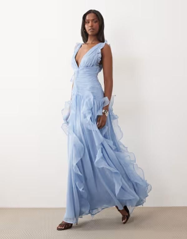 エイソス レディース トップス ワンピース ギャザー マキシ ASOS LUXE ruched maxi dress with waterfall detailing in dusky BLUE ブル 41,470円