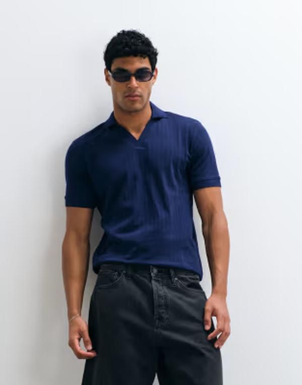 セレクティッド メンズ トップス ポロシャツ リブ Selected ribbed split neck polo in dark OCEAN CAVERN ブルー