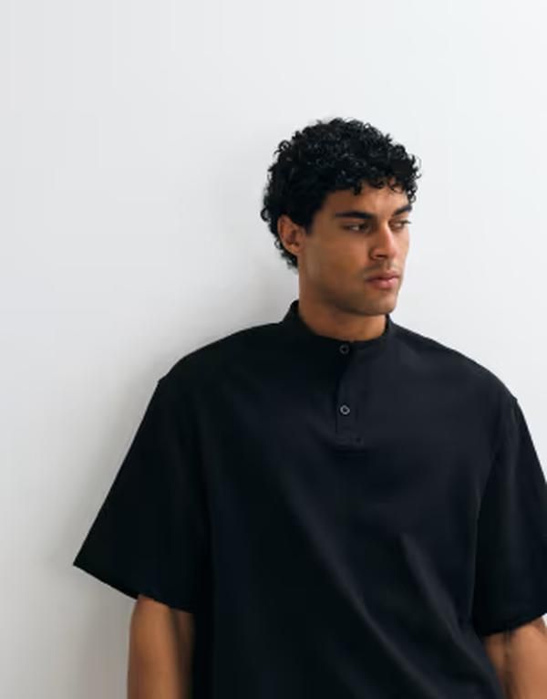 エイソス メンズ トップス シャツ リネン ASOS DESIGN boxy oversized linen look shirt with band collar Black ブラック