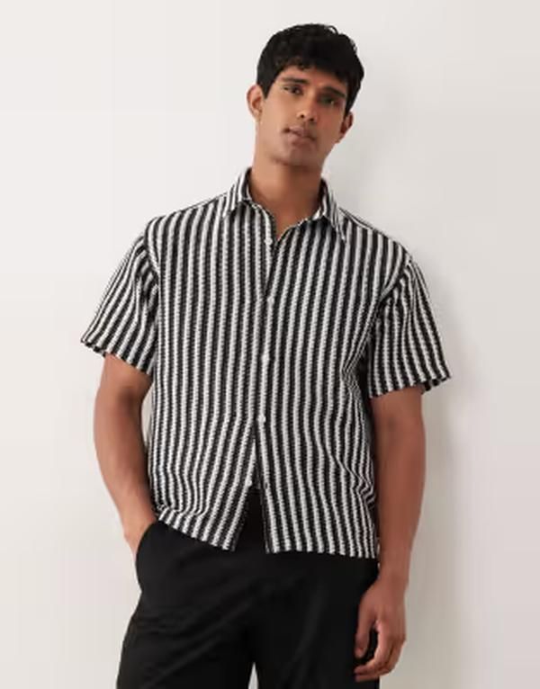 ジャック アンド ジョーンズ メンズ トップス シャツ Jack Jones crochet striped short sleeve shirt Black ブラック