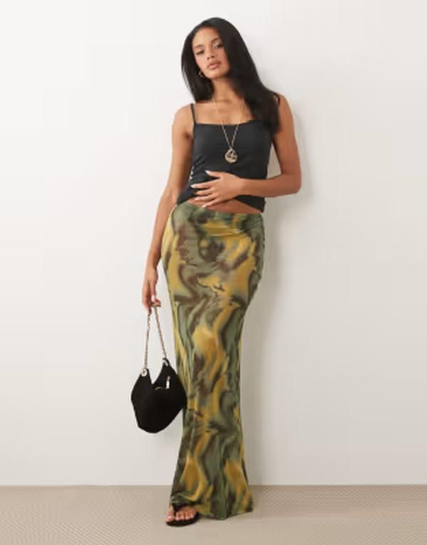 エイソス レディース ボトムスカート メッシュ シアー マキシ ASOS DESIGN sheer mesh maxi skirt abstract Green abstract グリーン