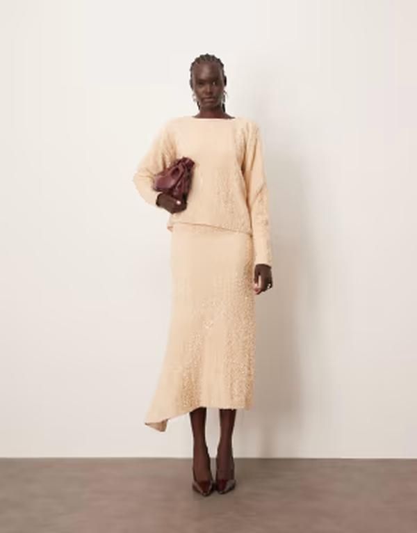 アレンジ レディース ボトムスカート アシンメトリー ベルベット スパンコール ARRANGE velvet allover sequin asymmetric hem skirt in cream