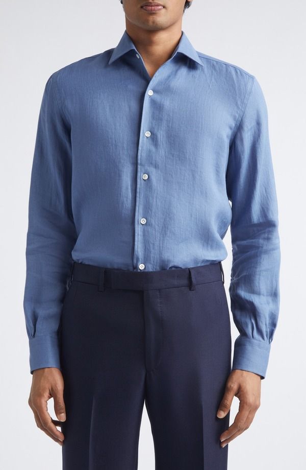 トムスウィーニー メンズ トップス シャツ リネン Thom Sweeney Linen ButtonUp Shirt DENIM BLUE デニム