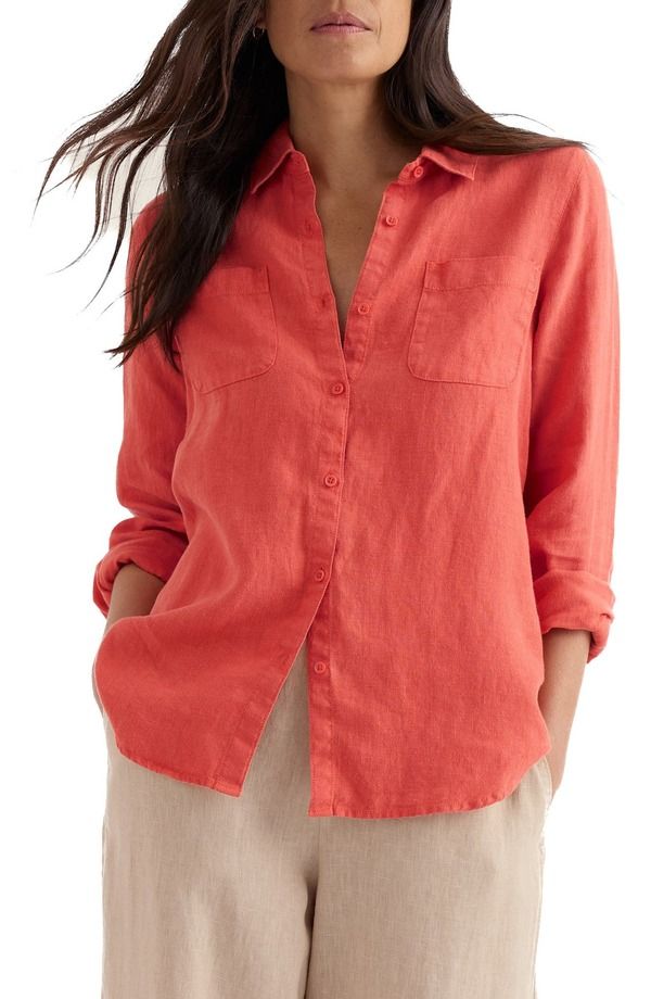 シーソルトコーンウォール レディース トップス シャツ リネン Seasalt Cornwall Hazel Branch Linen ButtonUp Shirt DUSKY CORAL コーラル