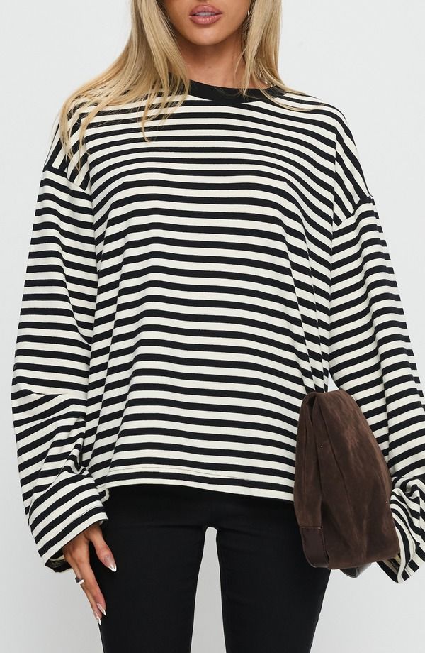 プリンセスポリー レディース トップス Tシャツ ダウン Princess Polly Settle Down Stripe Oversize TShirt WHITE ホワイト