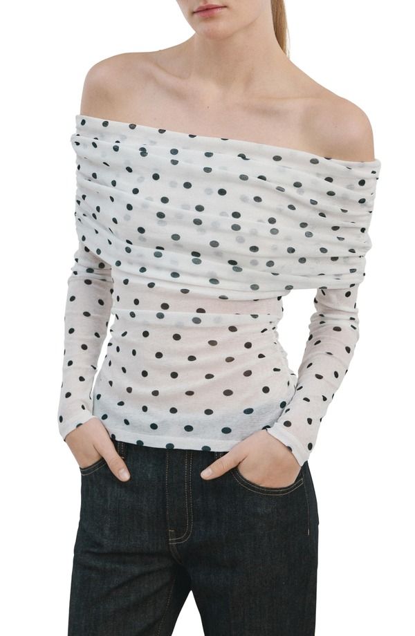 マンゴ レディース トップス シャツ MANGOff the Shoulder Long Sleeve Top WHITE ホワイト