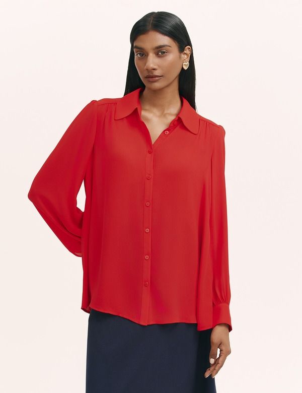 ファイナリー ロンドン レディース トップス シャツ シフォン ボタンダウン ブラウス Finery London Melina Chiffon Button Down Blouse Red レッド
