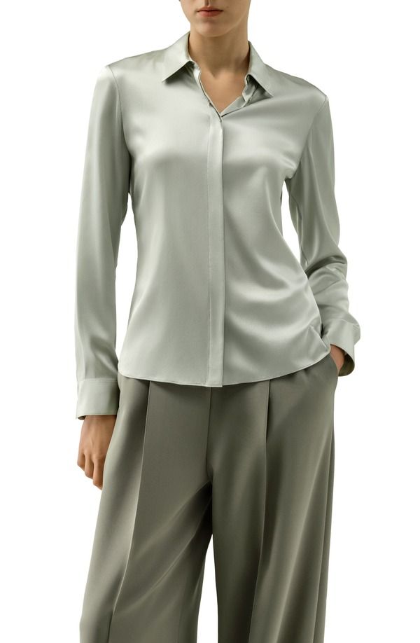 リリーシルク レディース トップス シャツ スリムフィット Lilysilk Womens Elegant Silk Slim Fit Shirt Silver Sage セージ