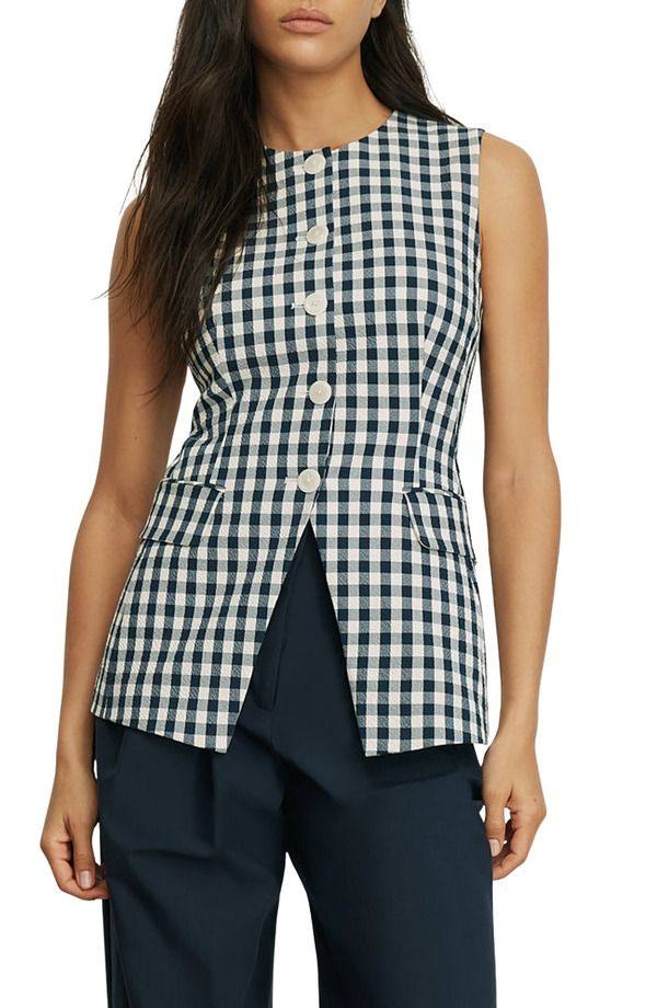 ヴェロニカ ベアード レディース アウター ベスト ギンガムチェック コットン ギンガム Veronica Beard Loistretch Cotton Gingham Vest NAVY DOVE