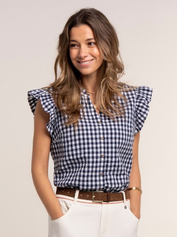 ウィグル レディース トップス シャツ ギンガムチェック ブラウス ギンガム Brakeburn Bia Gingham Flutter Sleeve Blouse Navy ネイビー