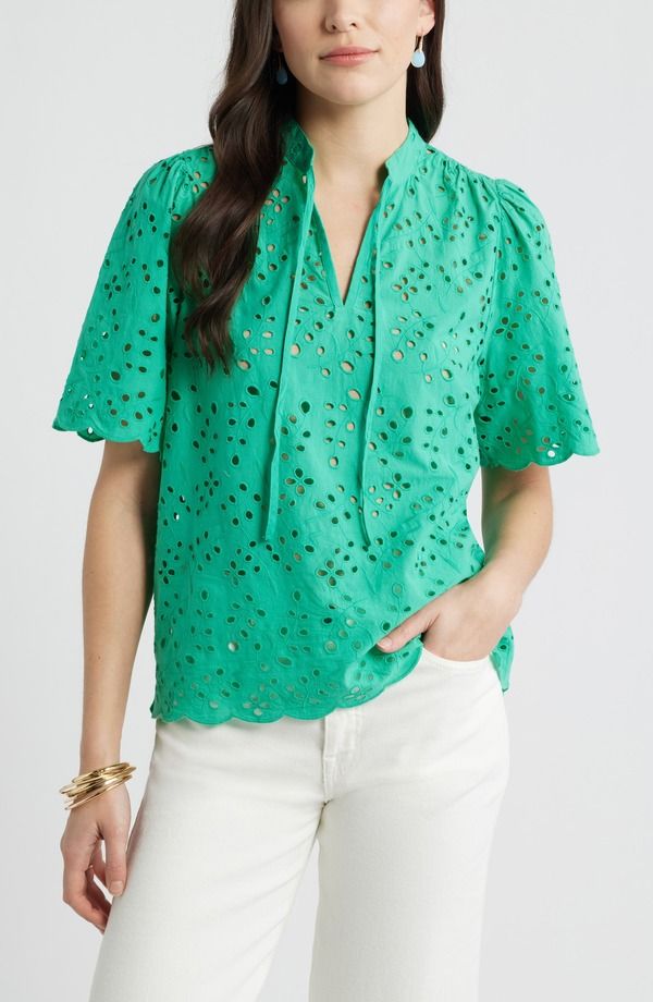 キャスロン レディース トップス シャツ コットン Caslon Eyelet Split Neck Cotton Top GREEN EASE グリーン