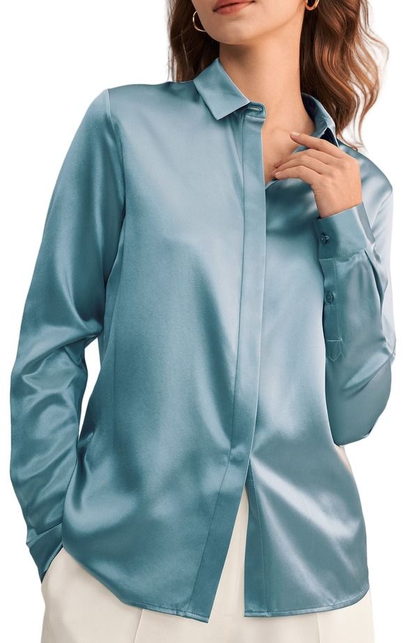 リリーシルク レディース トップス シャツ Lilysilk Womens Basiconcealed Placket Silk Shirt Blue haze ブルー 31,070円