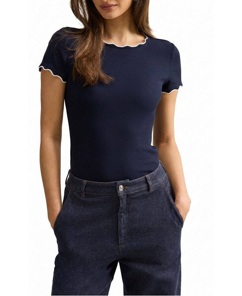 エバーニュー レディース トップス シャツ Ever Newomens Rebecca Scallop Trim TShirt Navy Porcelain ネイビー