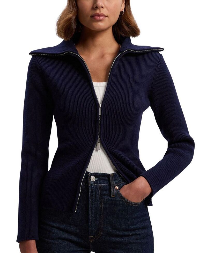 カレンミレン レディース アウター カーディガン フルジップ コットン ニット Karen Millen Cotton Zip Through Collar Knit Cardiga navy ネイビ