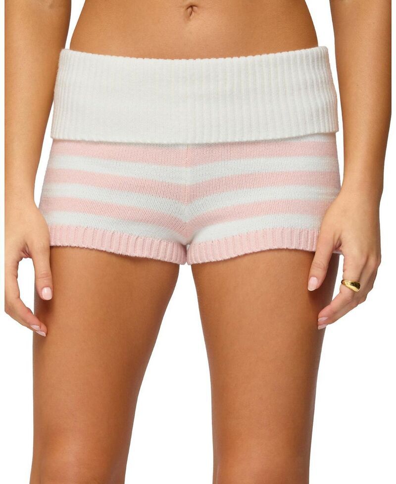アディクテッド レディース ボトムス ハーフパンツ・ショーツ ショートパンツ ニット Edikted Saphi Striped Foldover Knit Shorts LightPinkAndCr