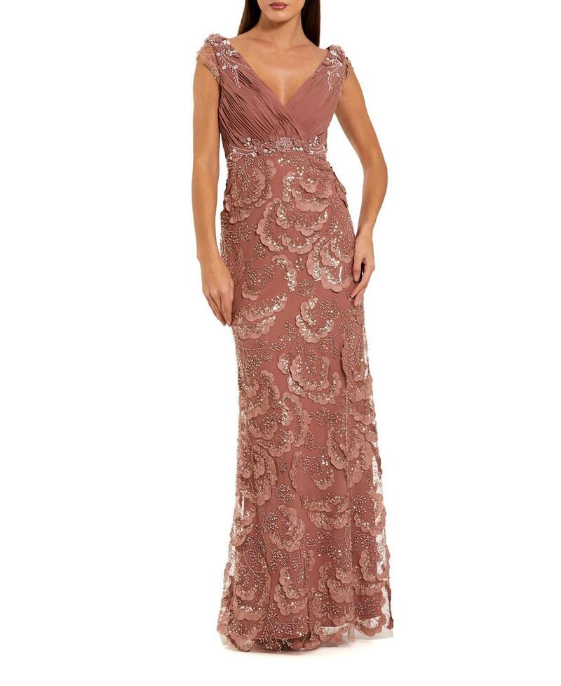 マックダガル レディース トップス ワンピース Vネック シフォン フラワー柄 プチ フラワー Mac Duggal Petite Floral Beaded Chiffon VNeck Evenin