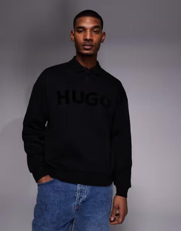 ヒューゴレッド メンズ トップス ポロシャツ ロゴ HUGO Redimolox oversized rugby polo shirt with tonalogo Black ブラック