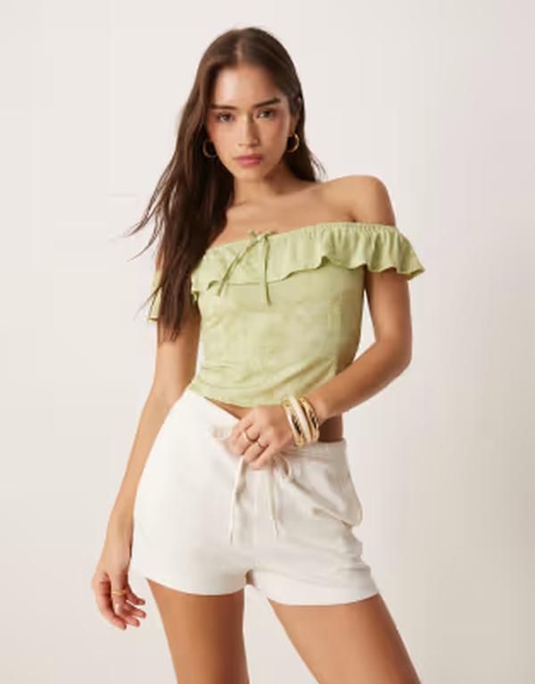 モーテル レディース トップス シャツ プリント Motel yokai retro paisley print off the shoulder top in lime RETRO PAISLEY