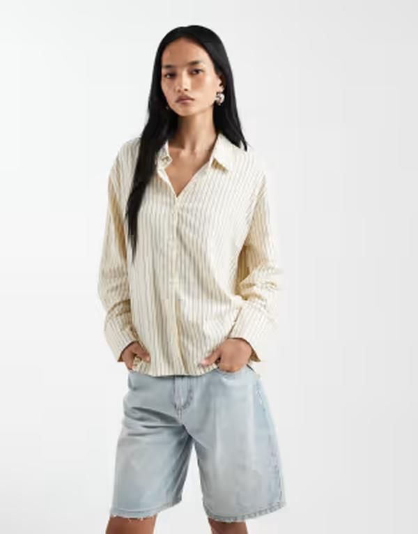 コットンオン レディース トップス シャツ リネン Cotton haven oversizedad shirt linen blend in yellow stripes Yellow Stripe