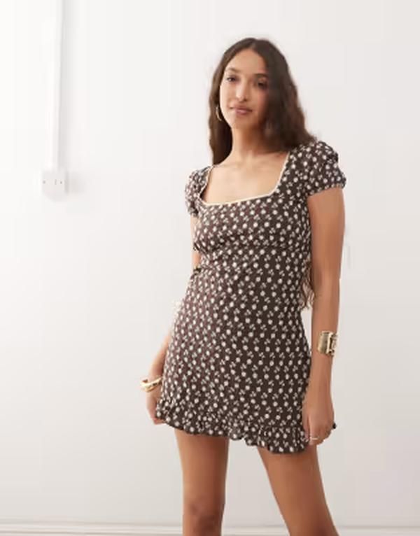 モーテル レディース トップス ワンピース ミニ Motel bella broderie scoop neck mini dress BROWN ブラウン