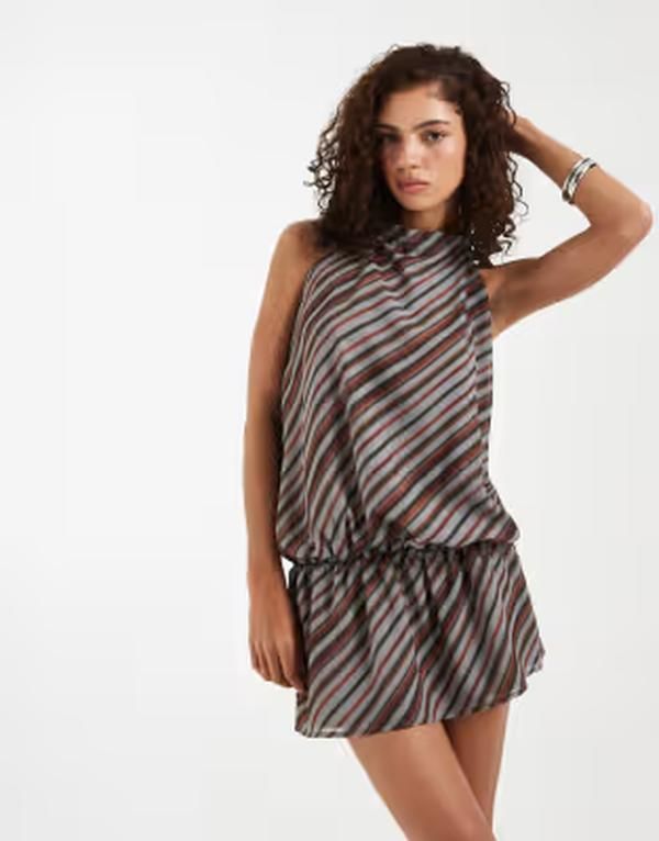 モーテル レディース トップス ワンピース ミニ ホルター Motel Veloria halter striped mini dress Gray brown グレー