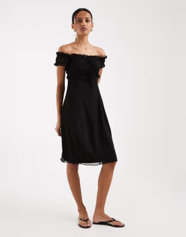 モーテル レディース トップス ワンピース シフォン ミディ Motel Watimu midi chiffon off shoulder dress Black ブラック