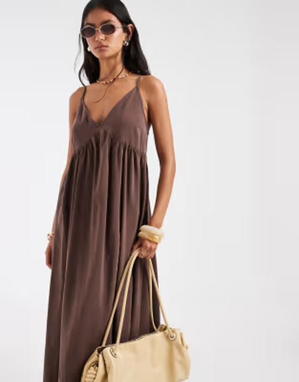 オンリー レディース トップス ワンピース Vネック マキシ ONLY vneck maxi dress in chocolate BROWN ブラウン