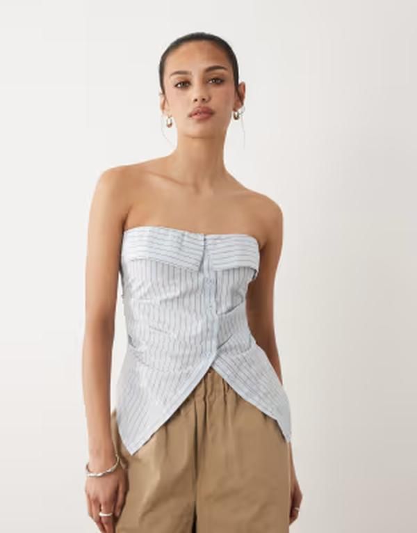 コットンオン レディース トップス シャツ ストラップレス Cotton mia strapless top stripe Blue stripe ブルー