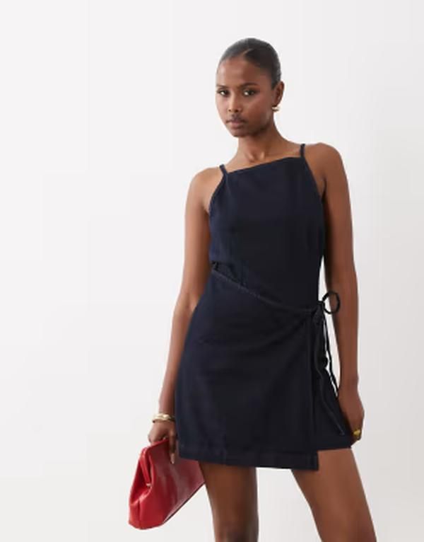 マンゴ レディース トップス ワンピース ミニ コットン デニム Mango 100 cotton denim tie waist mini dress indigo BLUE ブルー 18,360円