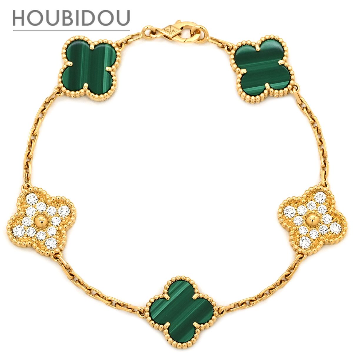 ヴァンクリーフアーペル Van Cleef & Arpels ブレスレット ヴィンテージ アルハンブラ 5モチーフ グリーン×イエローゴールド ダイヤ マラカイト 18K VCARO7GQ00 【箱】【中古】 930,090円
