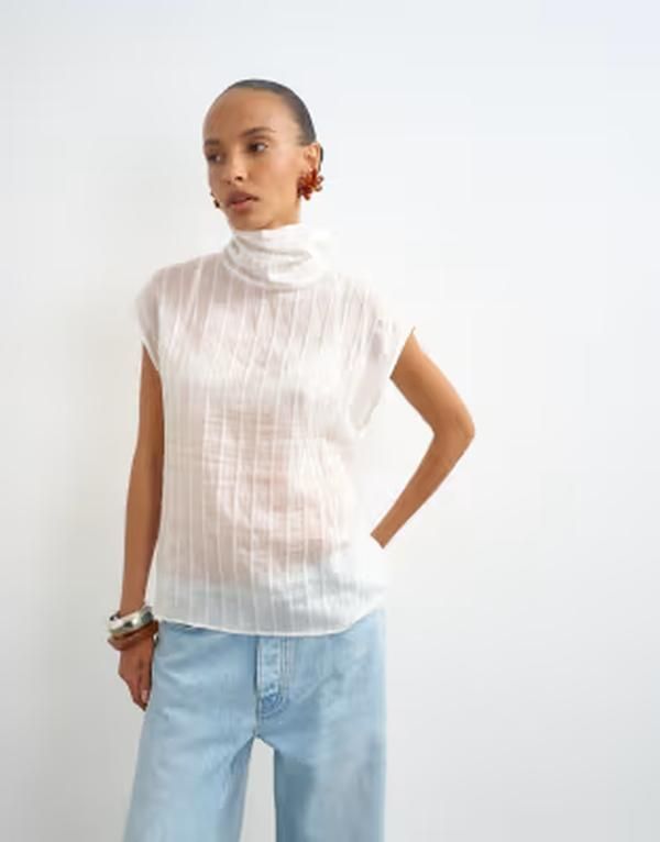 トップショップ レディース トップス タンクトップ スタンドネック プリント ノースリーブ Topshop funnel neck sleeveless top striped print Ivory