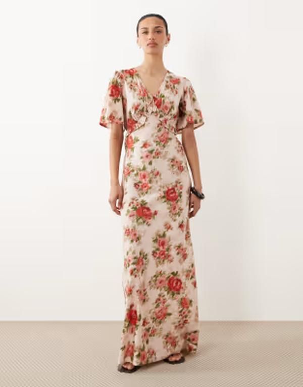 ウェンズデーガール レディース トップス ワンピース Vネック フラワー柄 プリント マキシ フラワー Wednesdays Girl floral print v neck flutter slee