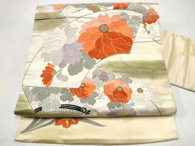 平和屋着物●アンティーク　大正ロマン　九寸名古屋帯　総刺繍　総手刺繍　地紙草花文　金糸　正絹　逸品　CABK5611hy